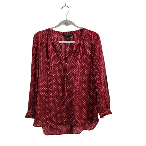 Marc By Marc Jacobs Blouse 4 Red Minetta Print Silk Top Merlot Multi Semi Sheer - Picture 1 of 11